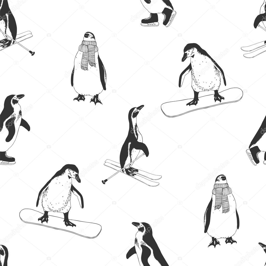 Seamless pattern - penguins. Winter sports.