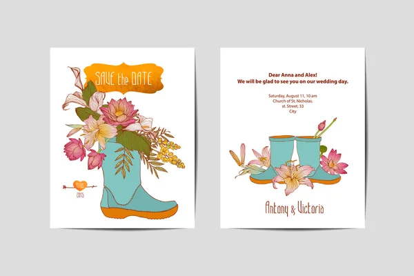 Invitation de mariage bilatérale. Fleurs en bottes en caoutchouc — Image vectorielle