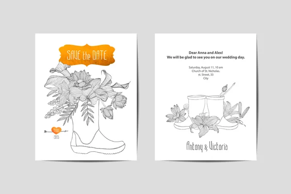 Invitation de mariage. Fleurs linéaires en bottes en caoutchouc — Image vectorielle