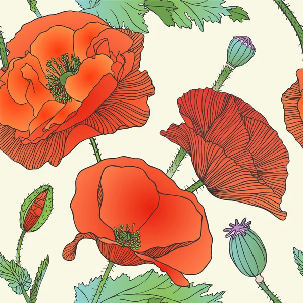 Seamless floral pattern - red poppy — Stock Vector