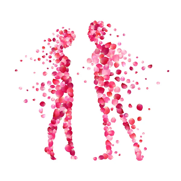 Couple aimant silhouettes de pétales de rose — Image vectorielle