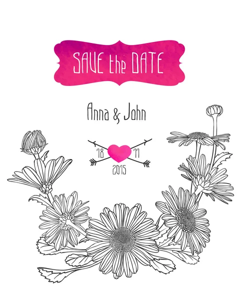 Modèle d'invitation de mariage "enregistrer la date" avec des fleurs de camomille . — Image vectorielle