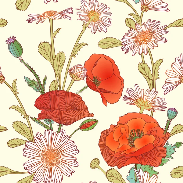 Seamless pattern - chamomile and poppy flowers — Stock Vector