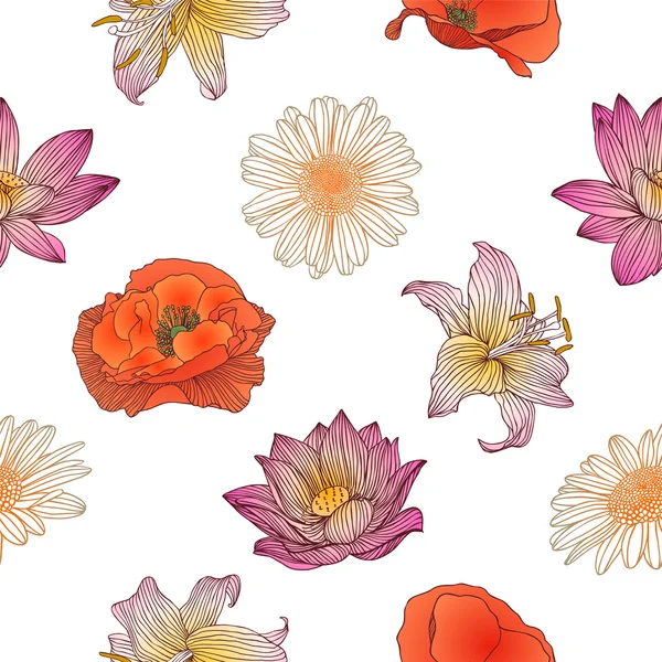 Seamless floral pattern - chamomile, poppy, lotus, royal lily — Stock Vector