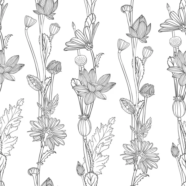 Vertikalstreifen mit Blumen. nahtloses lineares Muster — Stockvektor