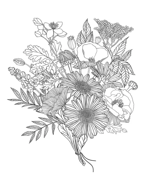 Lineaire boeket van diverse bloemen — Stockvector