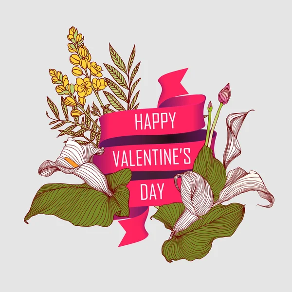 Karte mit Blumen und Schleife, auf der steht: Happy Valentine 's Day — Stockvektor