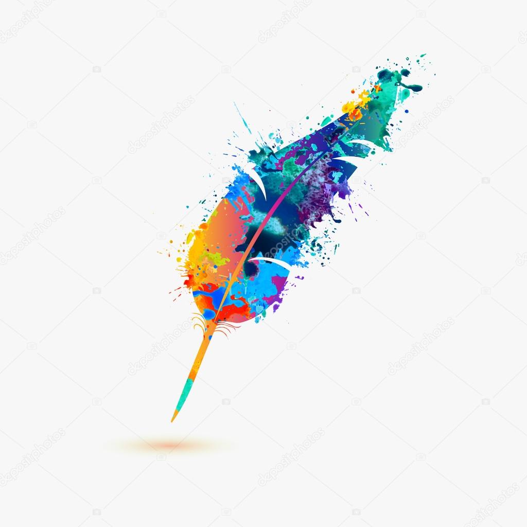 Pen feather. Rainbow splash paint