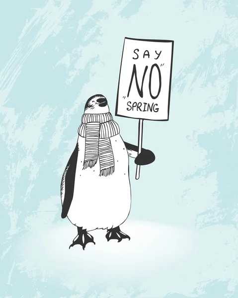 Pingüino con pancarta "Di" no "primavera " — Archivo Imágenes Vectoriales