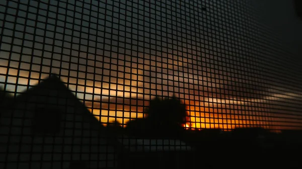 Ogień Zachód Słońca Podświetlanym Domu Drzew Przez Siatkę — Zdjęcie stockowe