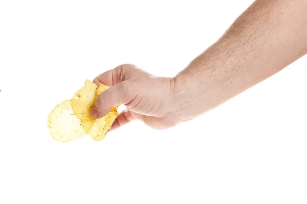 Hand Houdt Chips Een Witte Achtergrond Een Sjabloon Voor Ontwerpers — Stockfoto