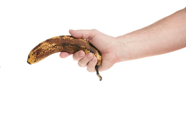 Hand Hält Eine Reife Banane Auf Weißem Hintergrund Vorlage Für — Stockfoto