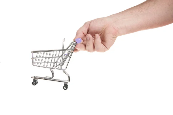 Hand Houdt Een Trolley Van Een Supermarkt Een Witte Achtergrond — Stockfoto