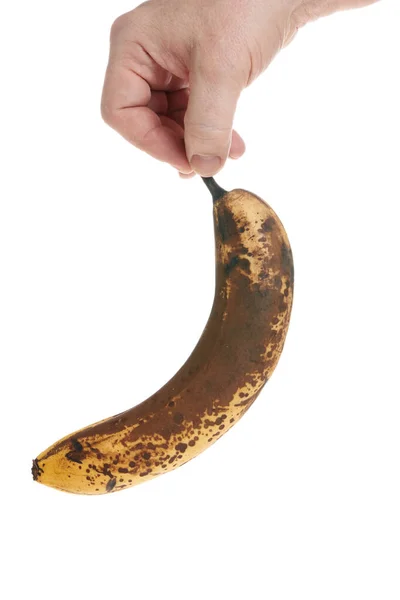 Hand Houdt Een Rijpe Banaan Een Witte Achtergrond Sjabloon Voor — Stockfoto
