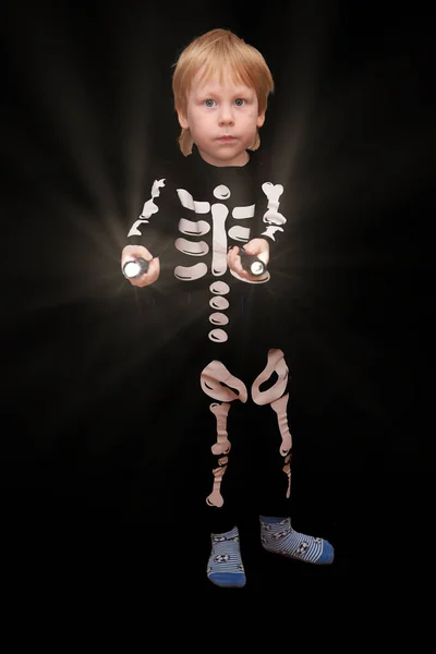 Child Four Years Old Skeleton Costume Flashlight His Hand Black — Stock Photo, Image