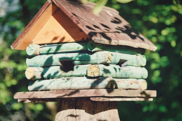 Casa Pájaros Madera Forma Casa Tocón Parque Alimentador Aves —  Fotos de Stock