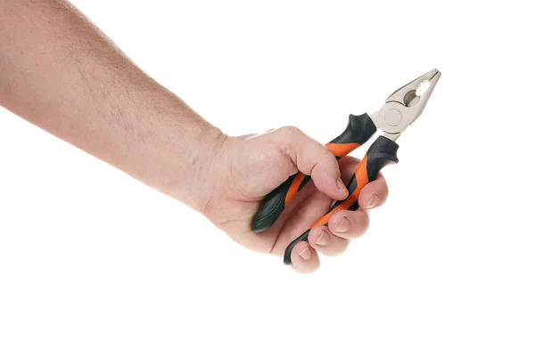 Hand holds pliers on a white background, a template for designers — Stock Photo, Image