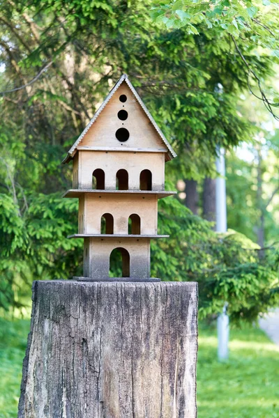 Многоэтажный птичий домик на пне в парке — стоковое фото