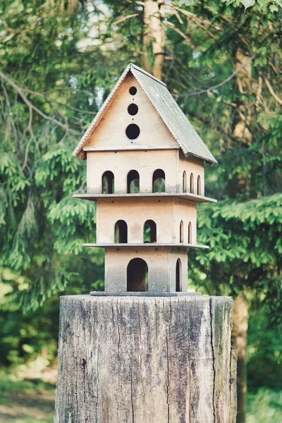 Casa de aves de varios pisos en un tocón de árbol en el parque —  Fotos de Stock