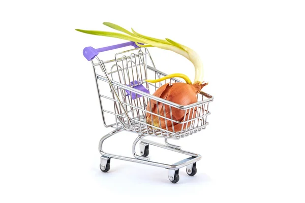 Sprankelende Lamp Ligt Een Kleine Supermarkt Trolley Een Witte Achtergrond — Stockfoto