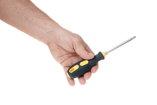 Hand holds a screwdriver on a white background, a template for designers. — Stock Photo, Image