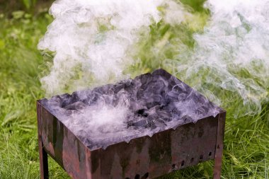 Paslı metal bir ızgara, duman ve ateş yakıyorum. Açık hava barbeküsüne hazırlanıyorum.