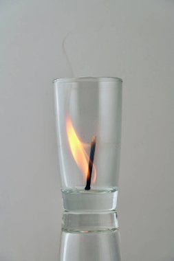 Işık arkaplanındaki şeffaf bir camda yanan kibrit
