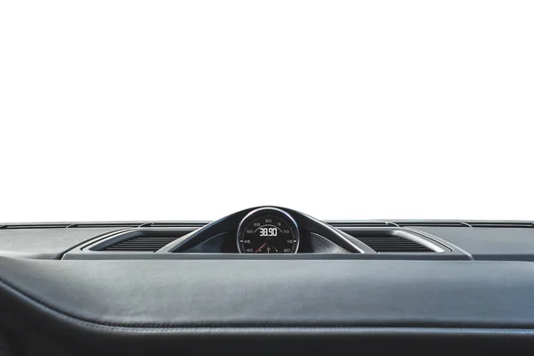 Chronometer on dashboard of exclusive car. Black cockpit with isolated on white background