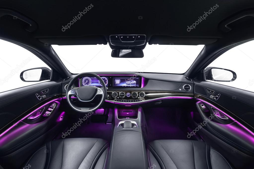 Car Interior Luxury Black With Violet Ambient Light Stock