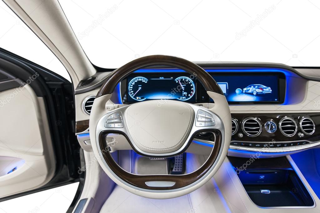 Car interior steering wheel and dashboard