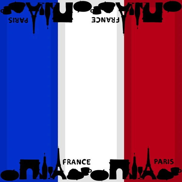 French flag background with silhouettes of symbols of country. — Stock Vector