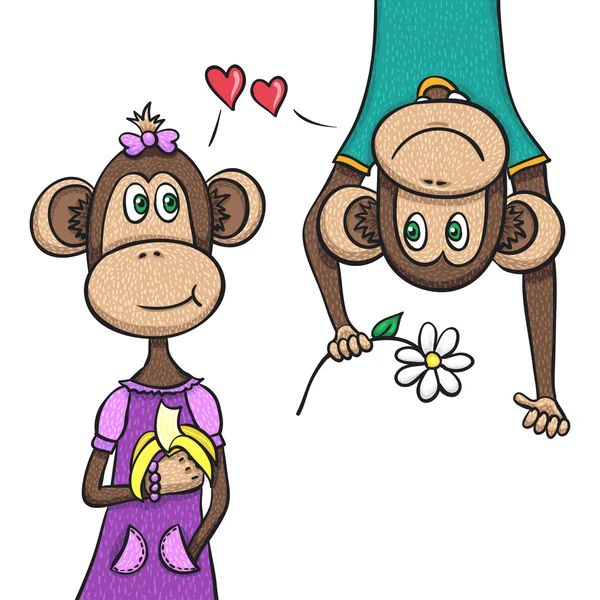 两只猴子-男孩和女孩。手绘设计. — 图库矢量图片