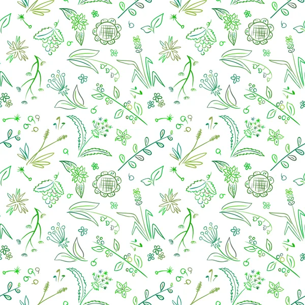 Motif floral sans couture dans le style dessiné à la main - couleurs vertes et blanches . — Image vectorielle