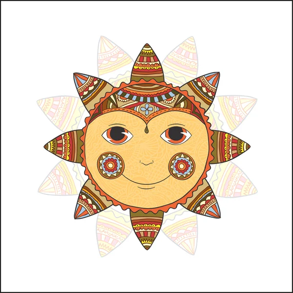 Sonriente sol étnico. Ilustración vectorial, aislada sobre fondo blanco . — Vector de stock