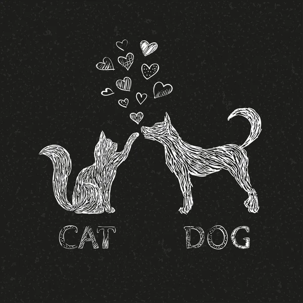 Gatto e cane - immagine su sfondo nero. Vettore . — Vettoriale Stock