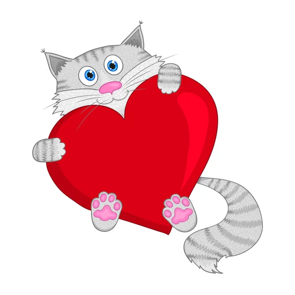 Graue Katze mit rotem Herz - Vektorillustration. — Stockvektor