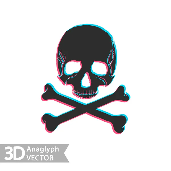 Icona piatta cranio e ossa con effetto anaglifo stereoscopico . — Vettoriale Stock