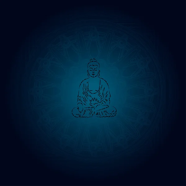 Buddha in Meditation auf Mandala-Hintergrund, Vektor in blauer Palette — Stockvektor