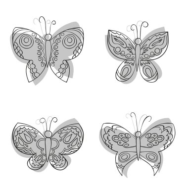 Kelebekler kroki stil vektör kümesi veya koleksiyonu