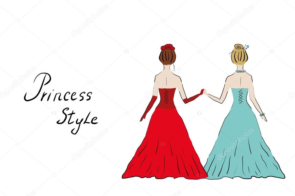 Two princess girls in fuffy dresses