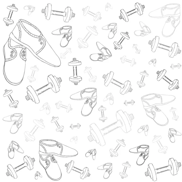 Dumbbells and shoes for sports, vector pattern — Stock Vector