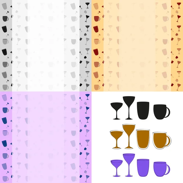 Cups and glasses set of icons and background pattern — Stock Vector