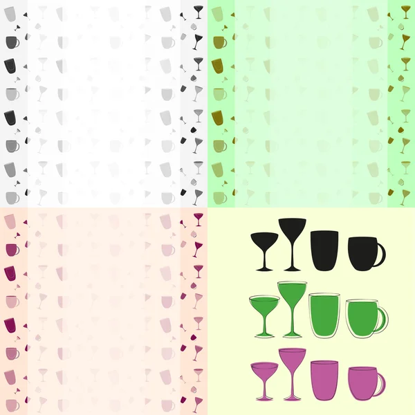 Cups and glasses set of icons and background pattern — Stock Vector