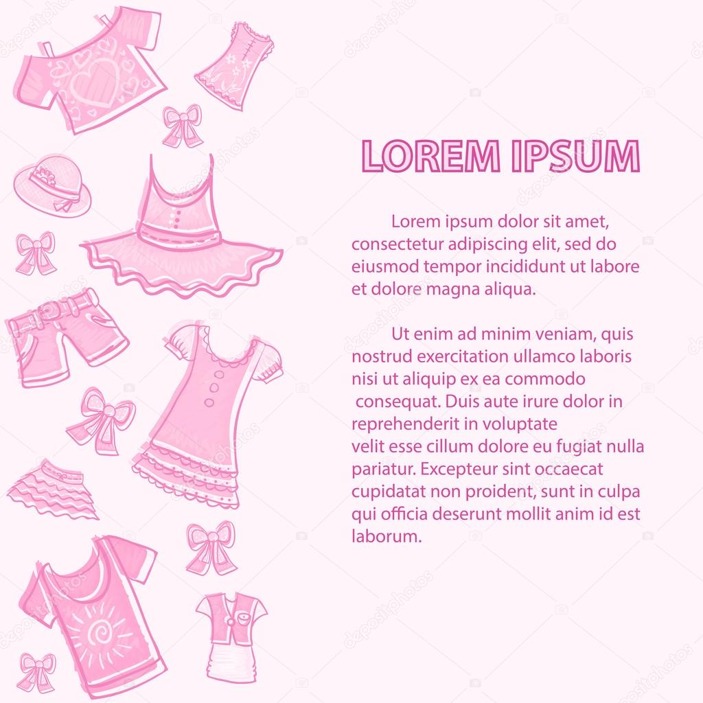 Abbigliamento per bambini mano schizzo disegnato estate sfondo per il testo — Vettoriale Stock