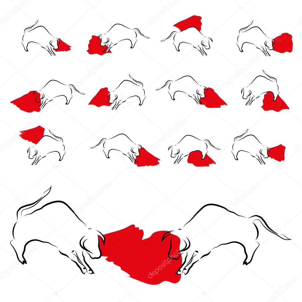 Set of icons bullfight, collection of corrida angry bulls
