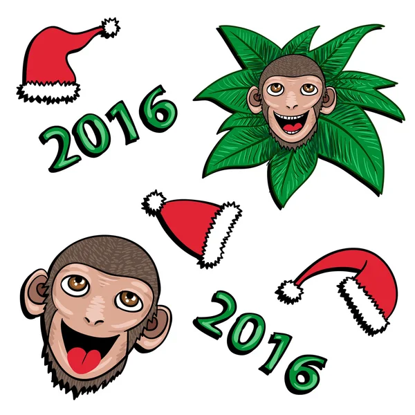 Monkey and hats New year 2016 - vector set — Stock Vector