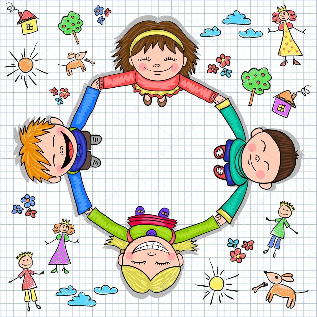 Circle of kids holding hands, vector illustration
