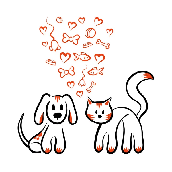 Gato y perro amor - vector aislado dibujado a mano boceto — Vector de stock