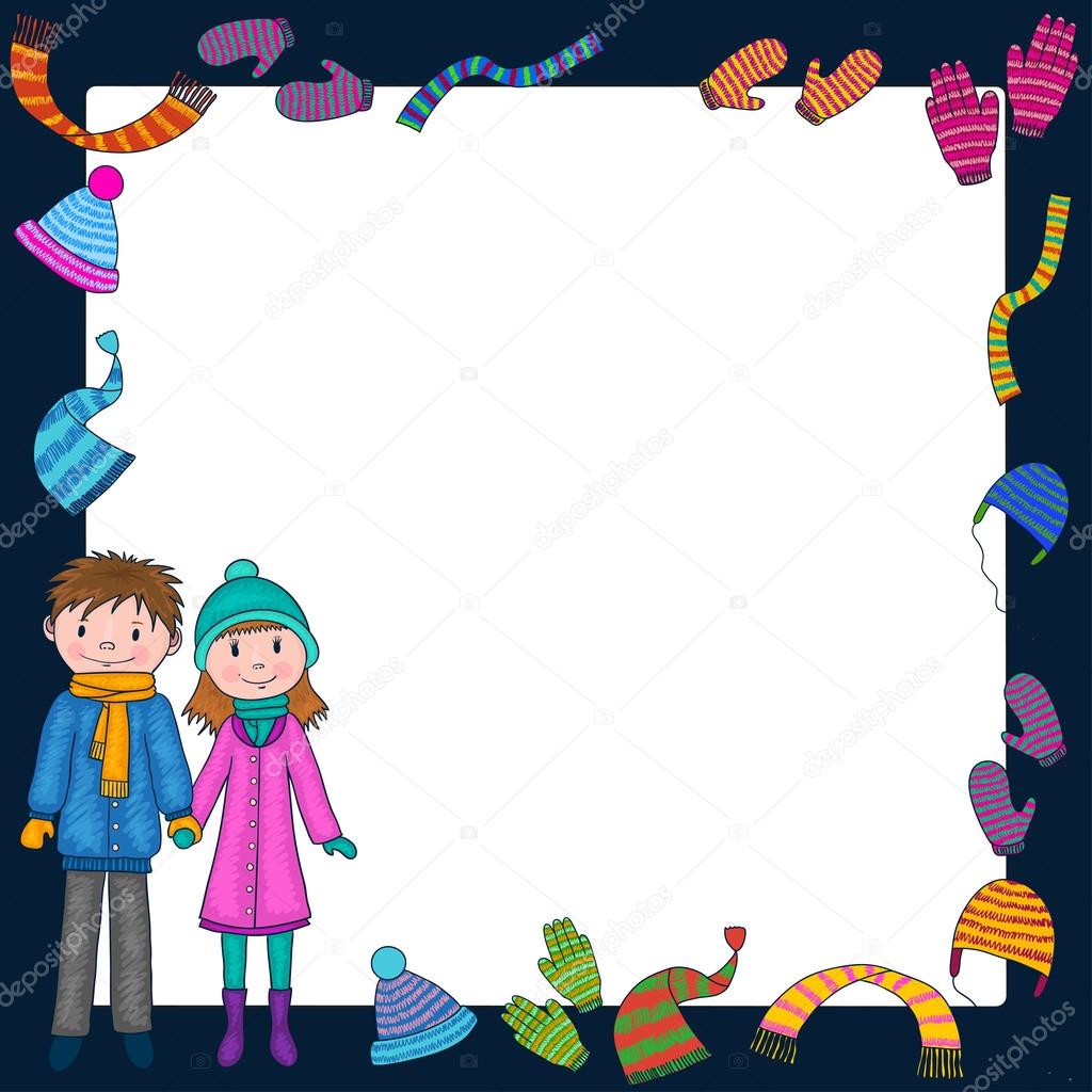Winter clothing background with girl and boy. Holidays vector cartoon  frame. Stock Vector Image by ©Alisen #95363962