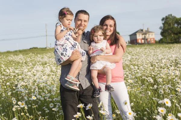 Happy joyful fsther mother with daughters daisy field — Stock Photo, Image